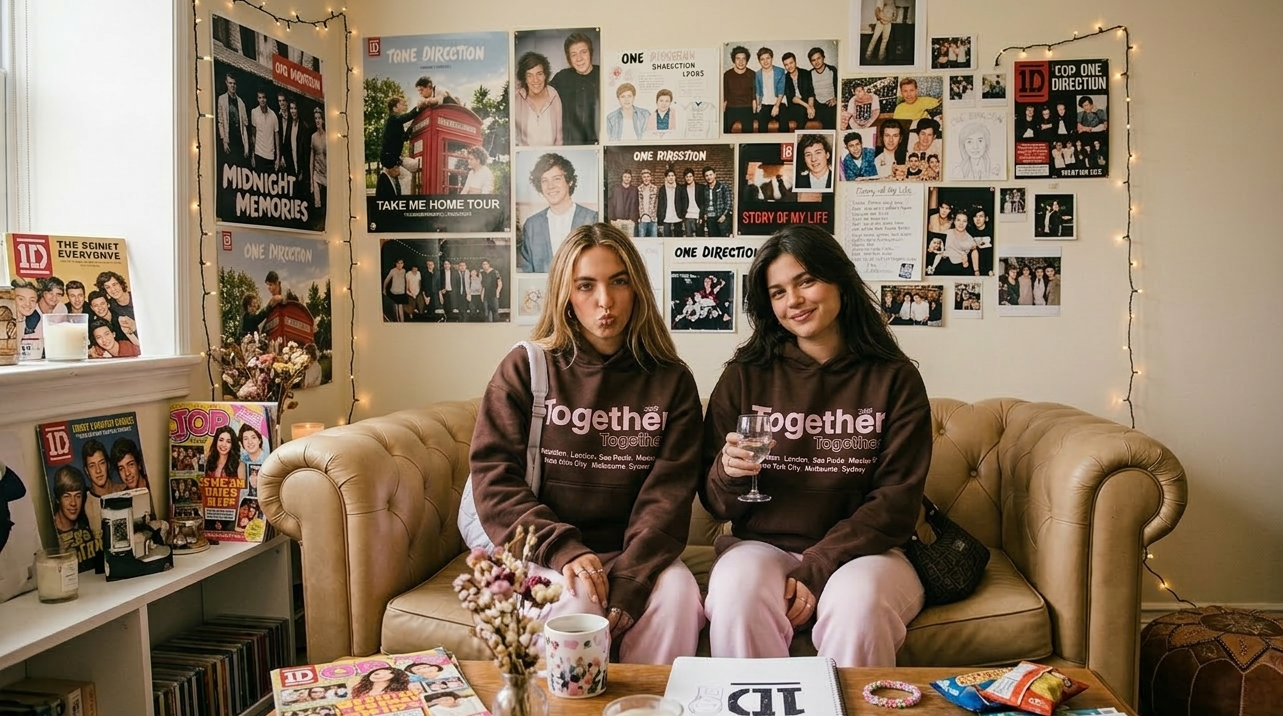 Two people sitting on a couch wearing matching sweatshirts with 'Together' printed on them, in a room with posters and books on the wall.
